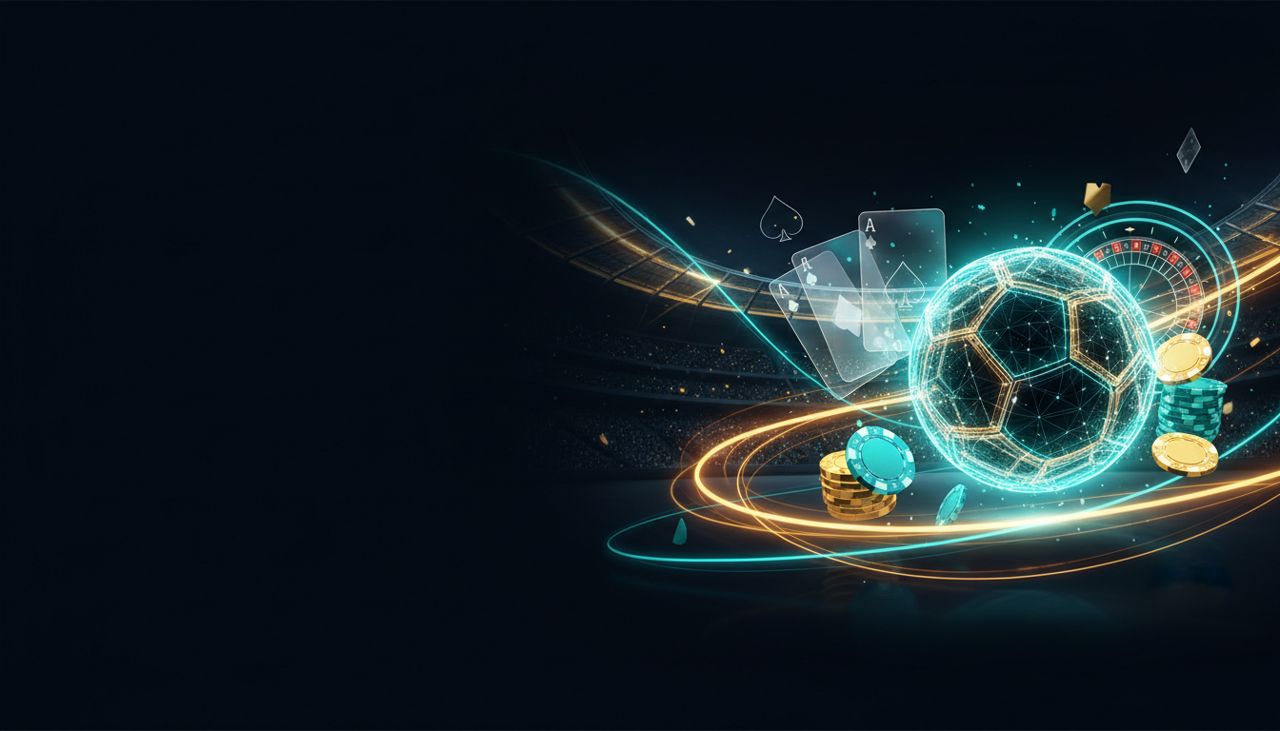 Banner mobile di stadio illuminato con atmosfera premium da casinò online, dettagli astratti di fiches, carte e roulette su sfondo scuro con accenti luminosi